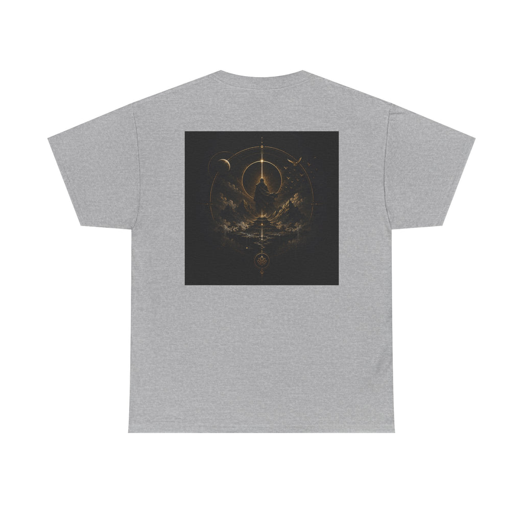Golden celestial geometric tee featuring a mystic sigil back print in vibrant gold on a gray t-shirt.