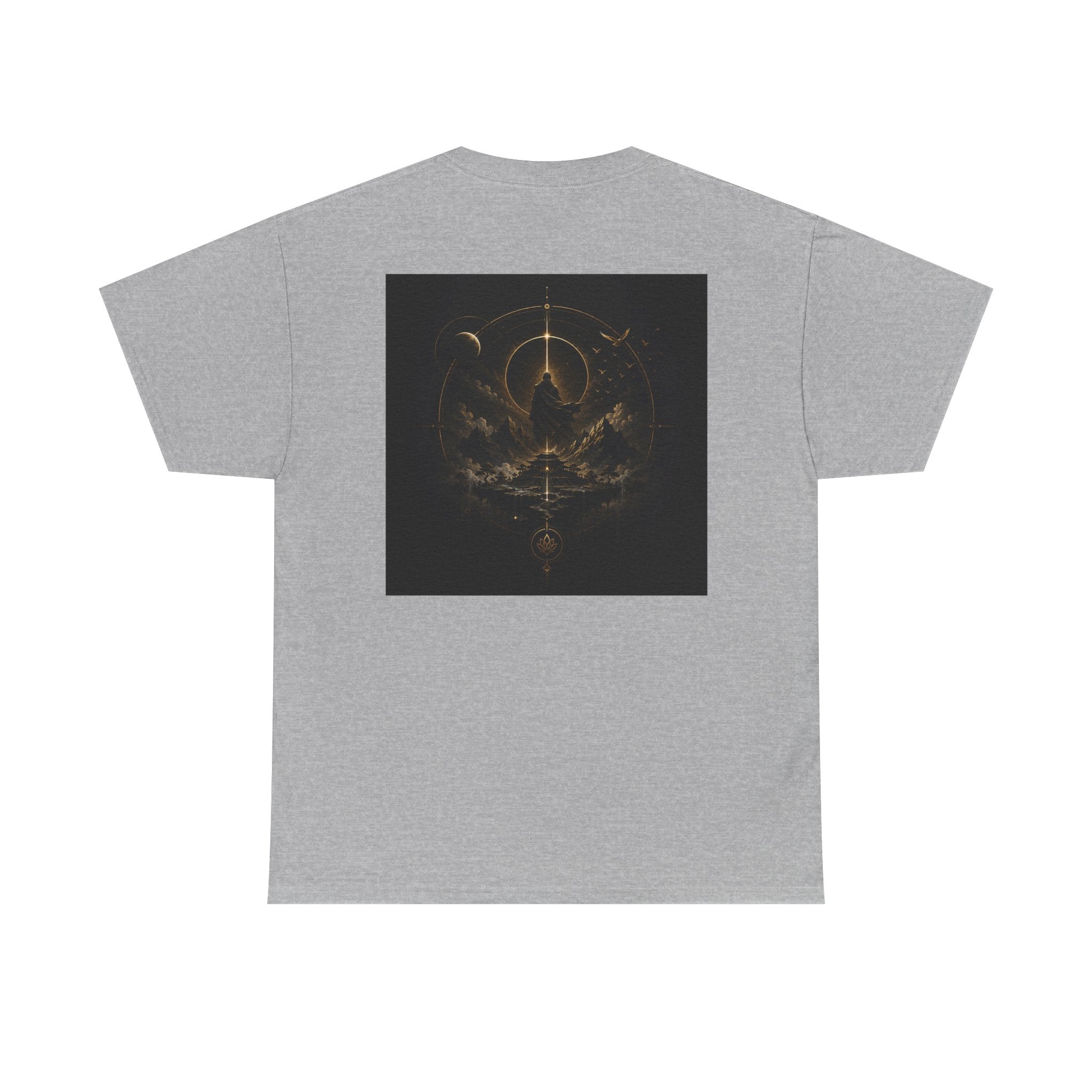 Golden celestial geometric tee featuring a mystic sigil back print in vibrant gold on a gray t-shirt.