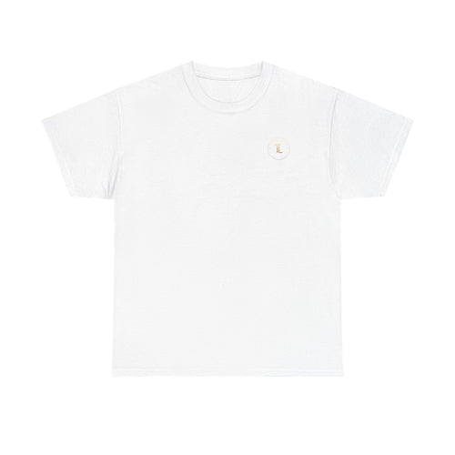 Golden Celestial Geometric Tee – Mystic Sigil Back Print in white fabric with a logo on the chest.