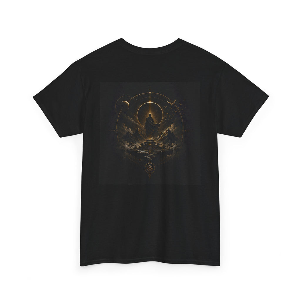 Golden Celestial Geometric Tee – Mystic Sigil Back Print showcasing intricate design in rich golden tones.