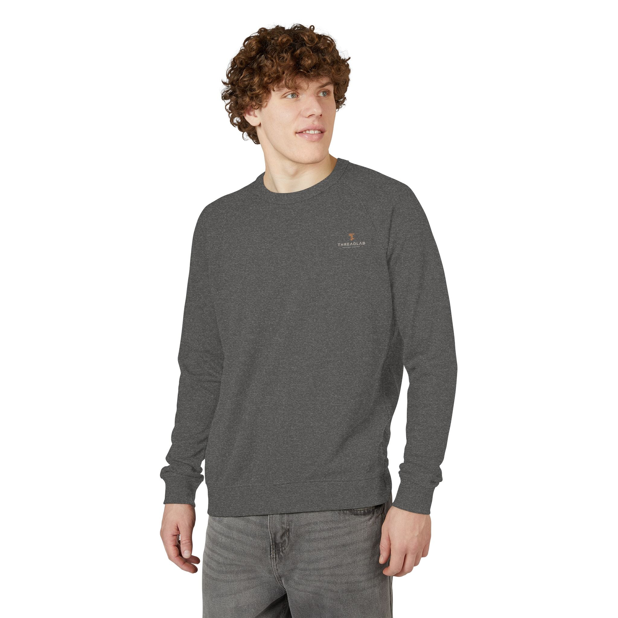 Crewneck Sweatshirt — Minimal Chest Logo Raglan French Terry by Printify