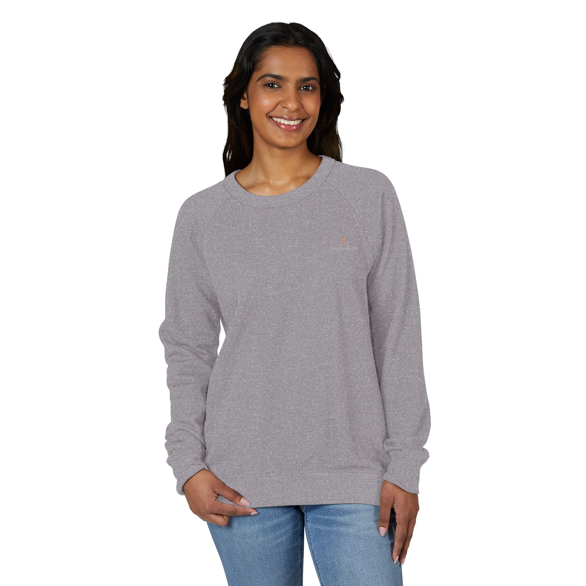 Crewneck Sweatshirt — Minimal Chest Logo Raglan French Terry by Printify