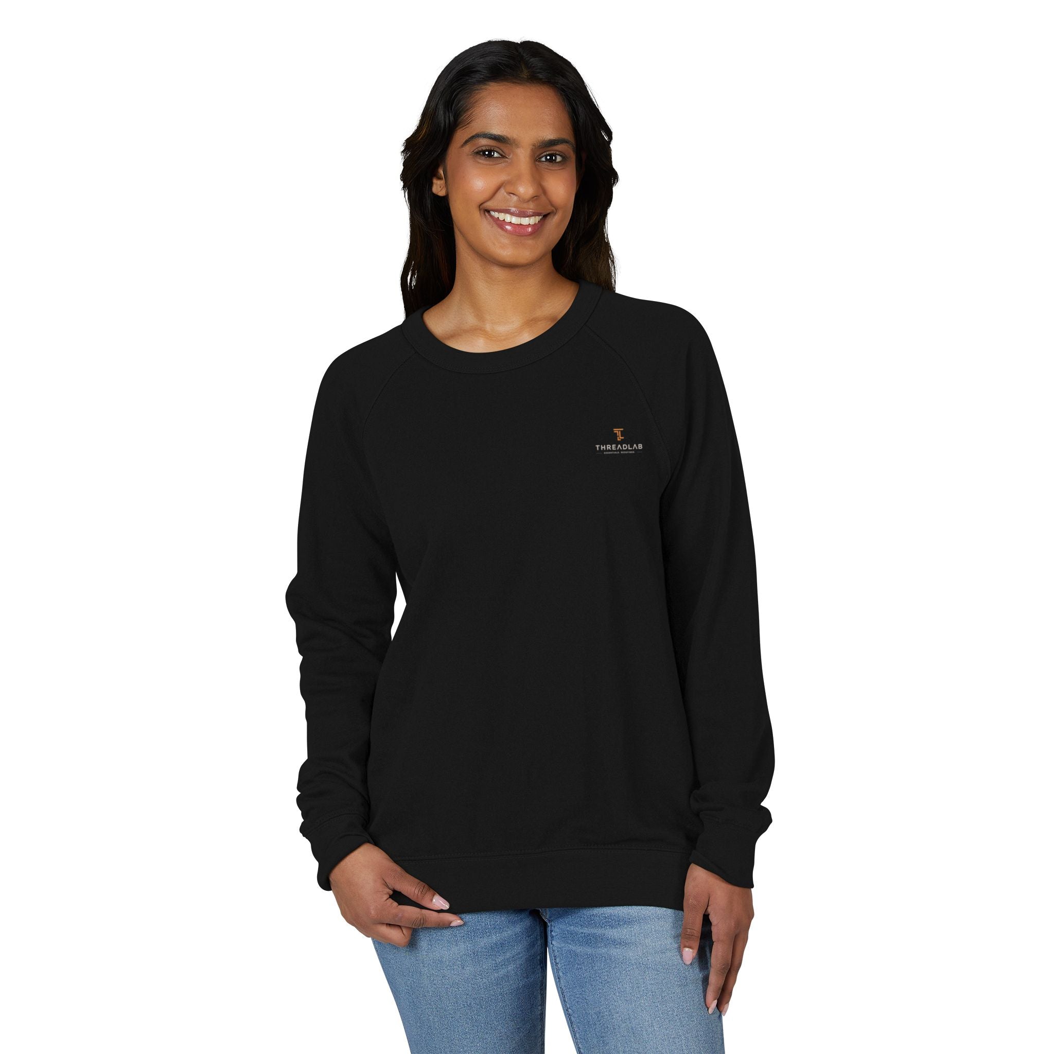 Crewneck Sweatshirt — Minimal Chest Logo Raglan French Terry by Printify