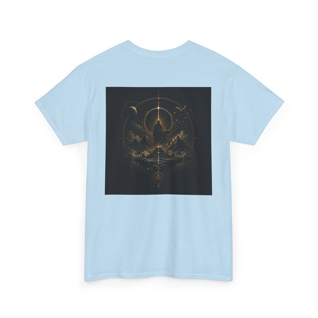 Golden Celestial Geometric Tee – Mystic Sigil Back Print on a light blue t-shirt showcasing a detailed back design.