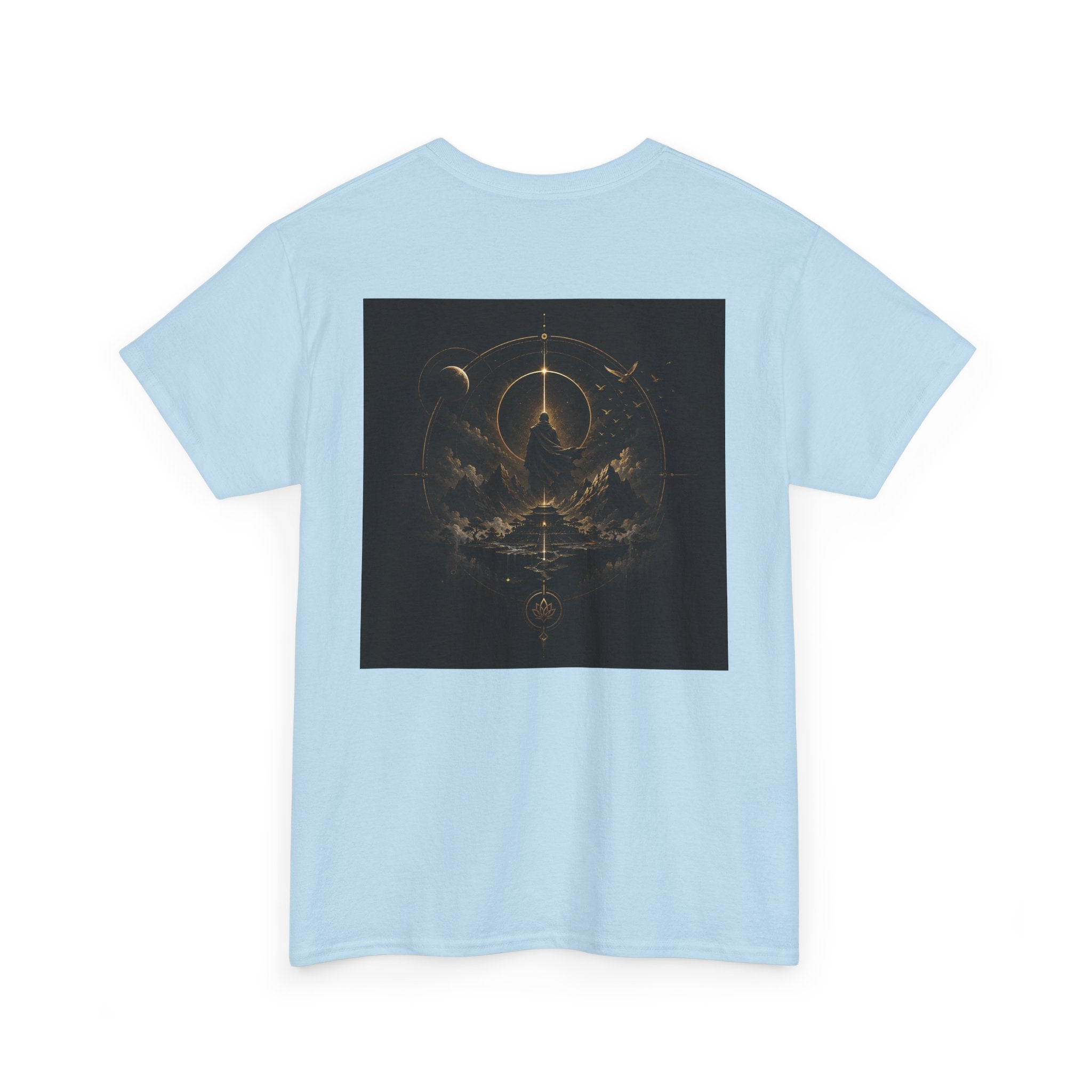 Golden Celestial Geometric Tee – Mystic Sigil Back Print on a light blue t-shirt showcasing a detailed back design.