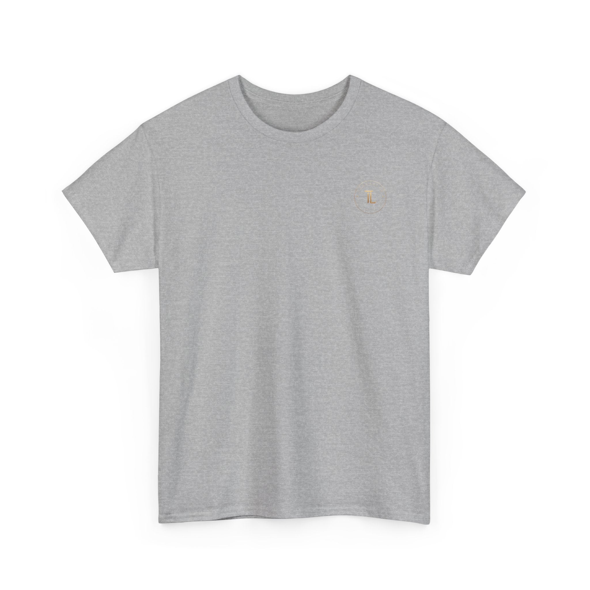 Golden celestial geometric tee with mystic sigil back print in golden tones on a clean gray base.