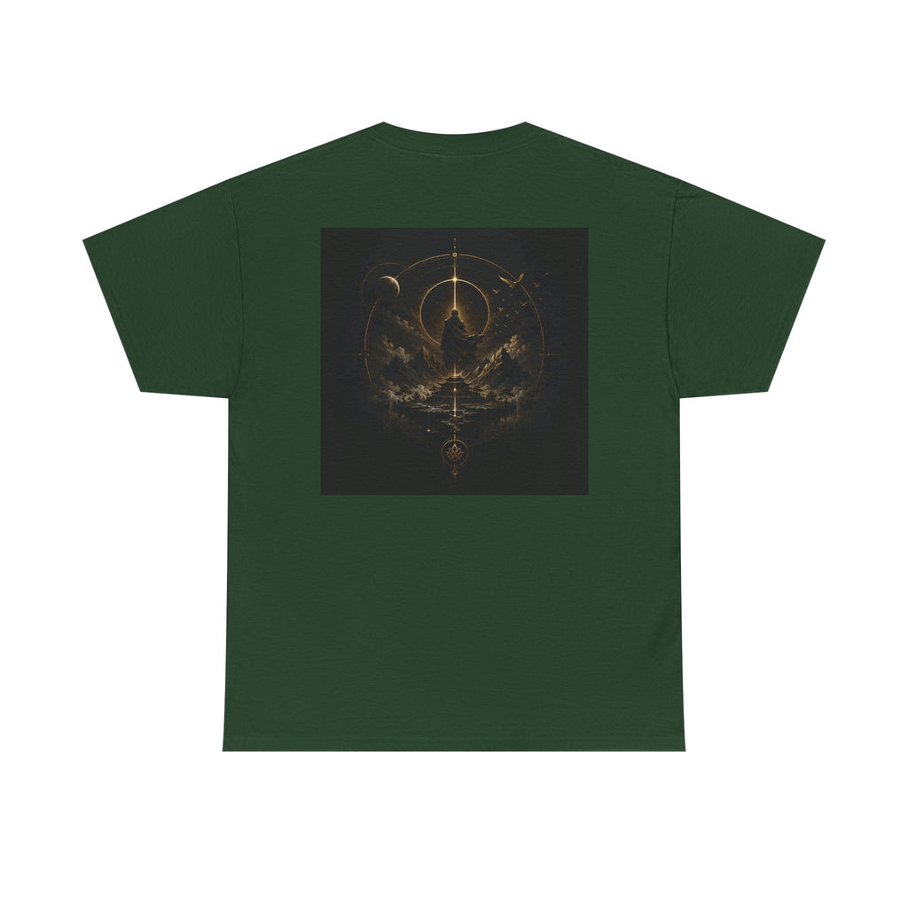 Golden celestial geometric tee featuring a mystic sigil back print in rich golden tones on a green base.