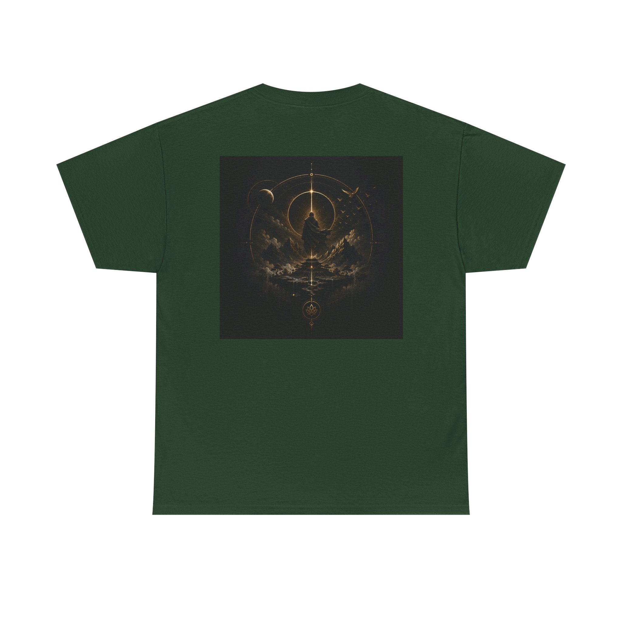 Golden celestial geometric tee featuring a mystic sigil back print in rich golden tones on a green base.