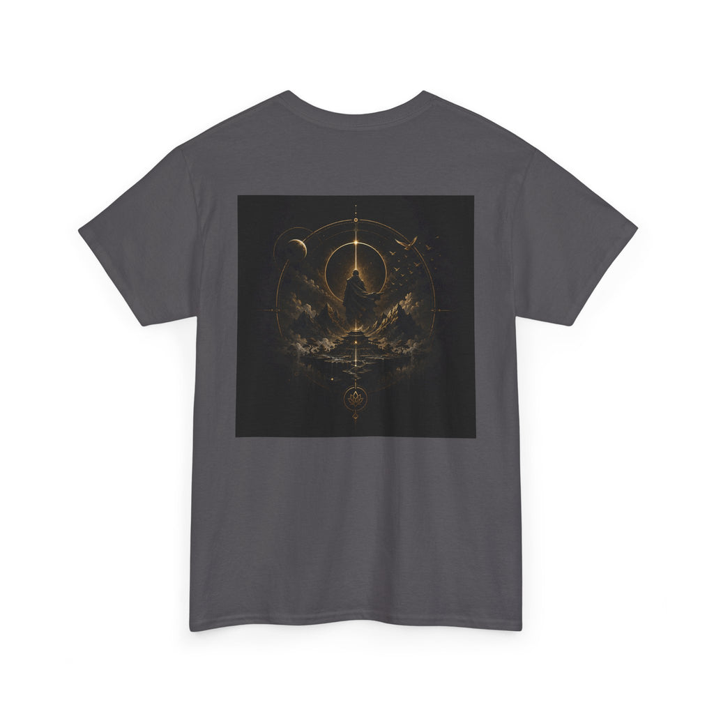 Golden celestial geometric tee featuring a mystic sigil back print in rich golden tones.