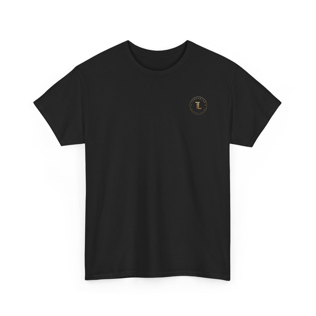 Golden celestial geometric tee featuring a small logo in gold on a black background, perfect for casual wear.