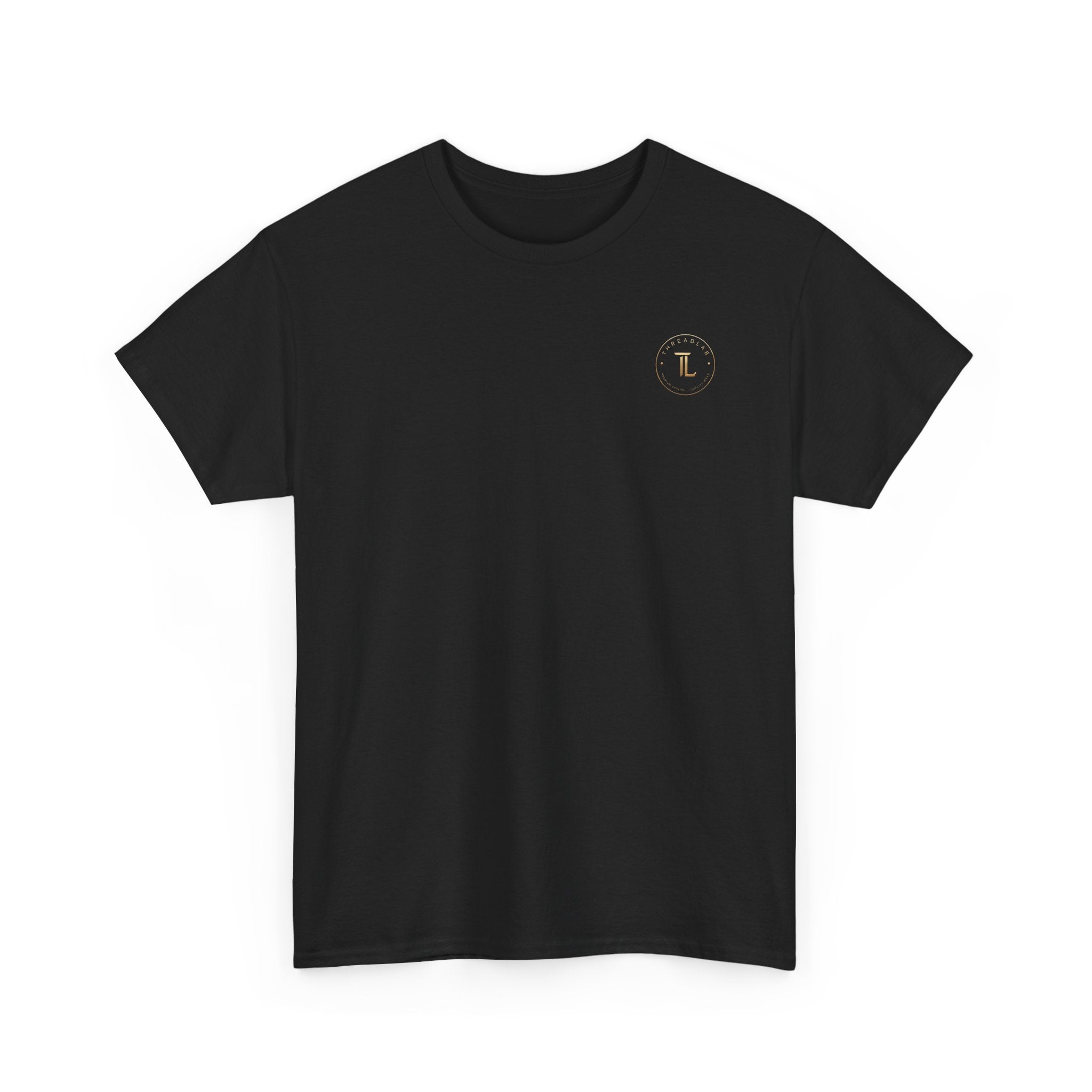 Golden celestial geometric tee featuring a small logo in gold on a black background, perfect for casual wear.