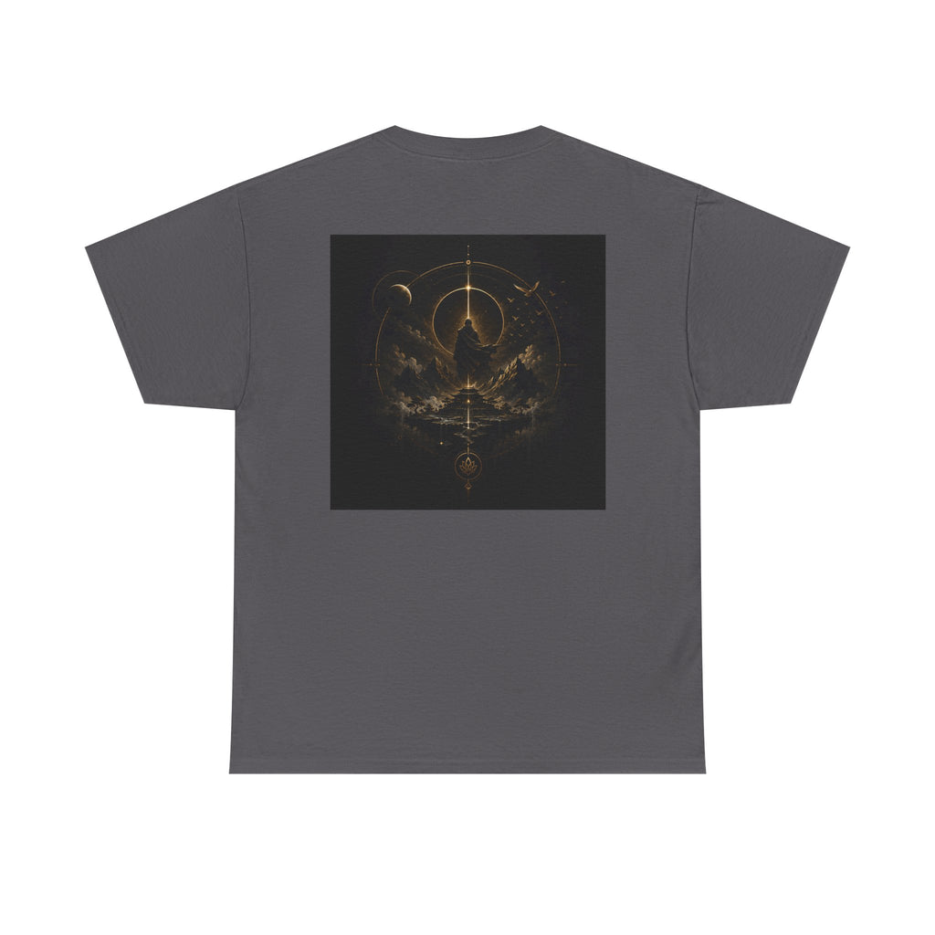 Golden celestial geometric tee featuring a mystic sigil back print in rich golden tones.