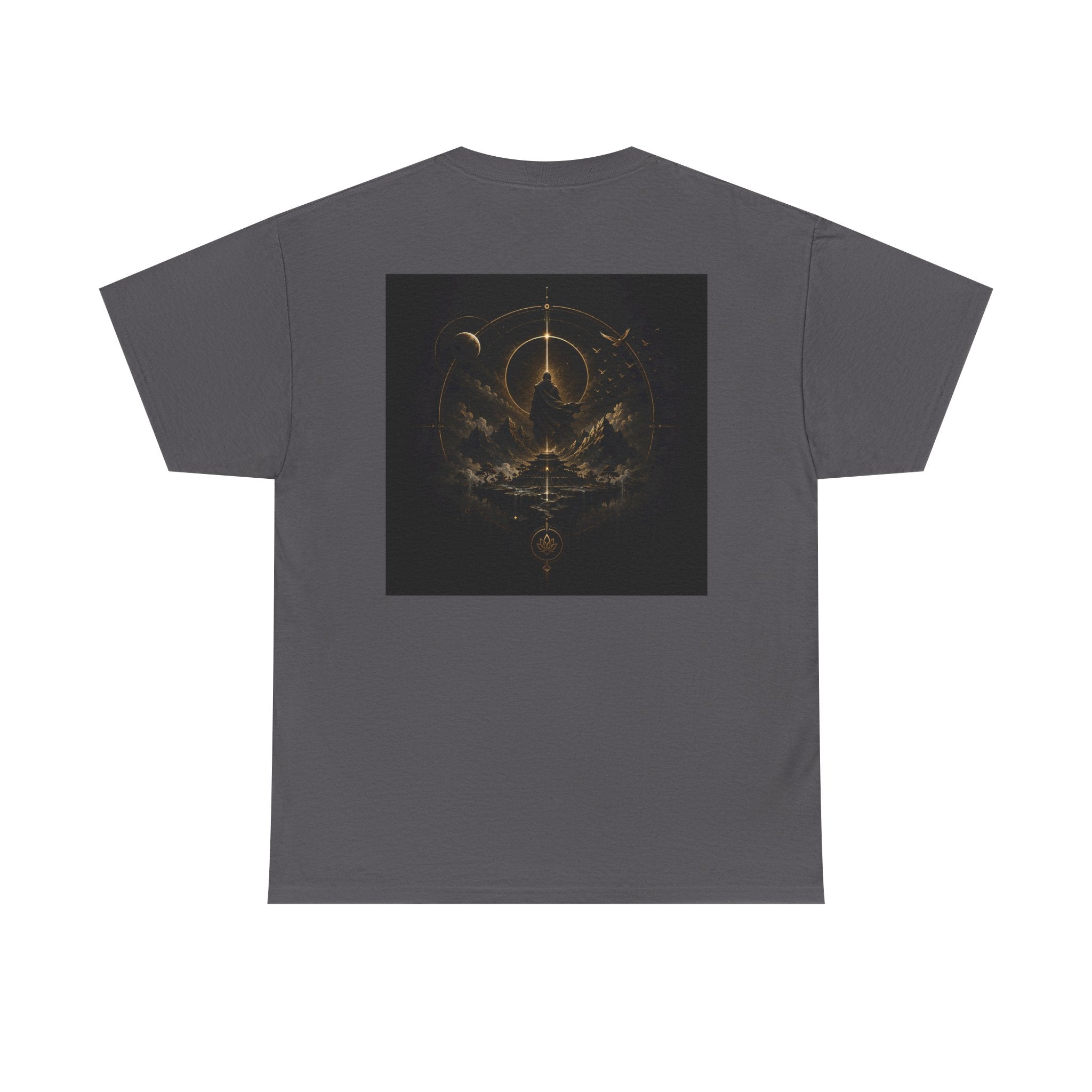 Golden celestial geometric tee featuring a mystic sigil back print in rich golden tones.