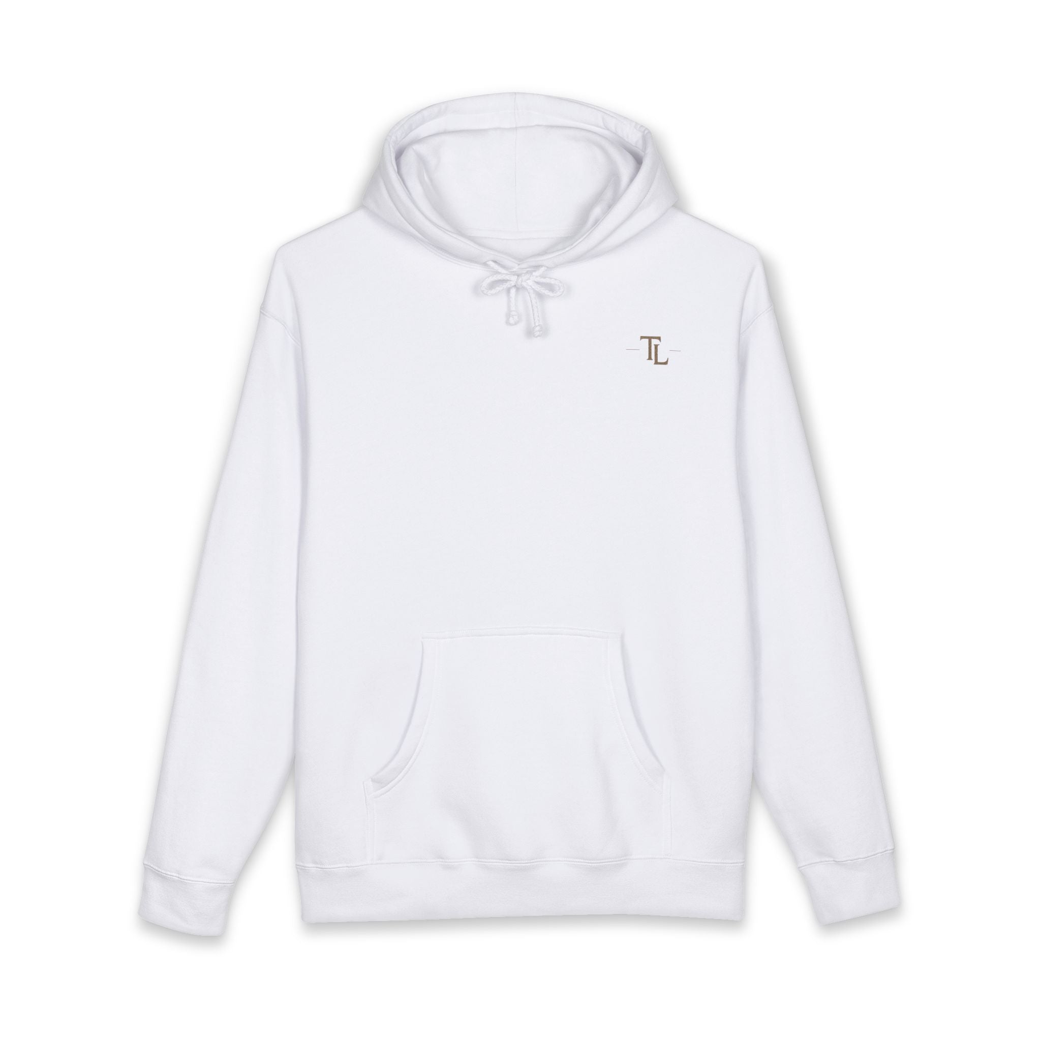 Classic White Hoodie with Minimal 'TL' Chest Logo – Lightweight Pullover by Printify