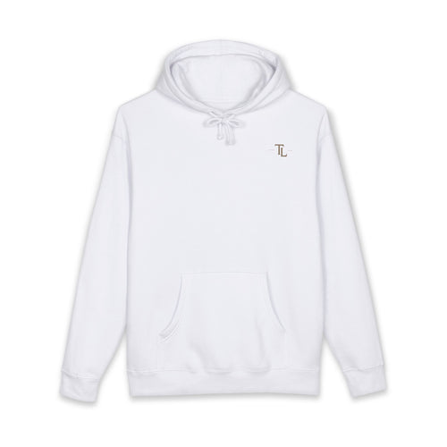 Classic White Hoodie with Minimal 'TL' Chest Logo – Lightweight Pullover by Printify