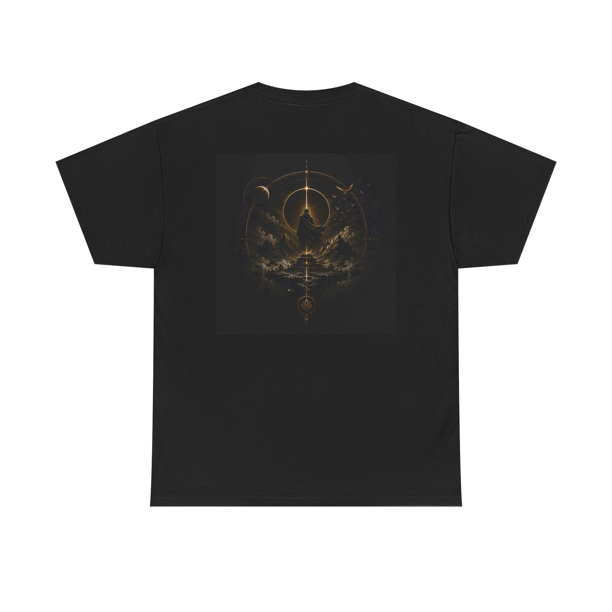 Golden Celestial Geometric Tee featuring mystic sigil back print in rich golden tones.