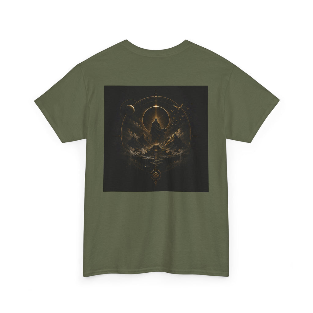 Golden celestial geometric tee featuring mystic sigil back print in rich golden tones.