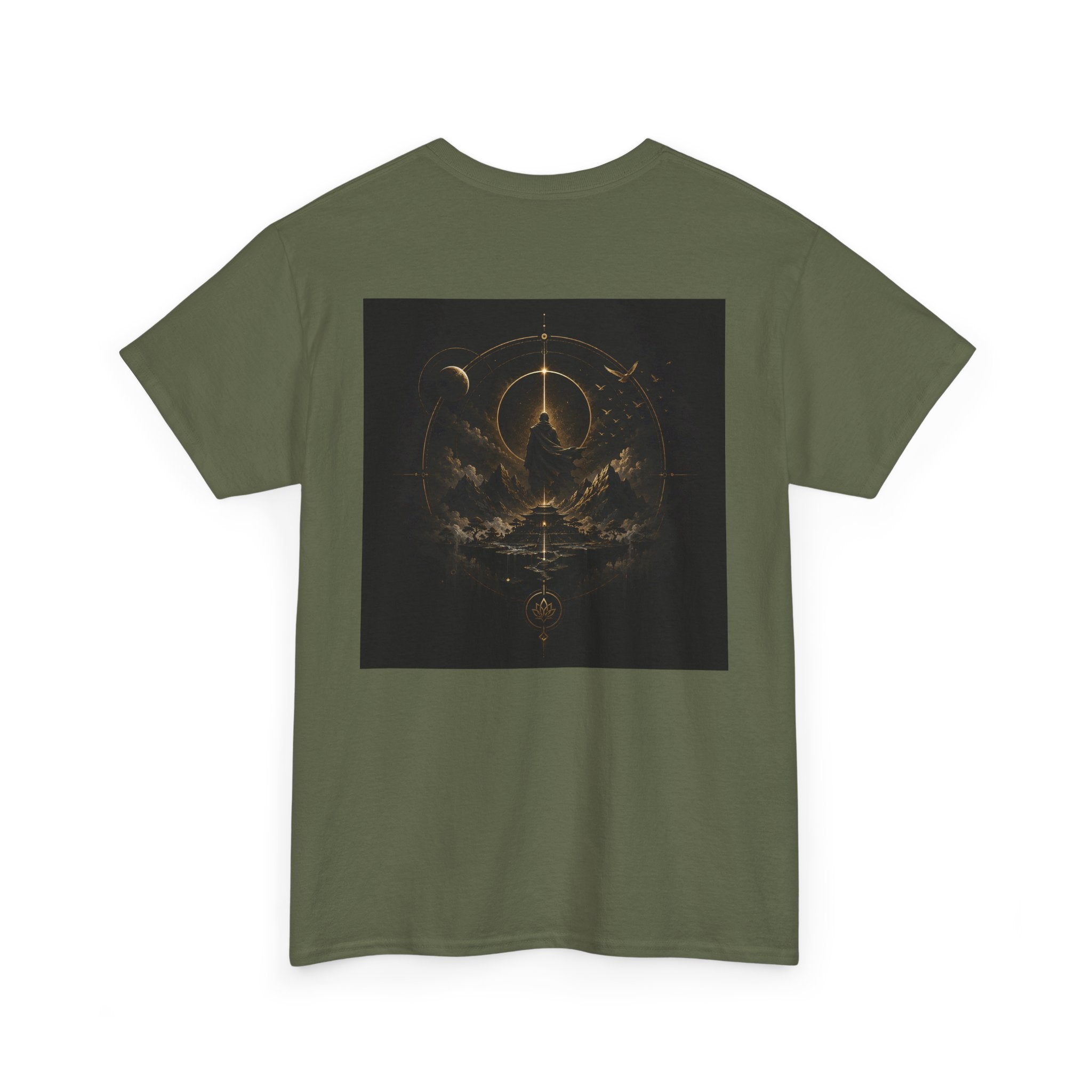 Golden celestial geometric tee featuring mystic sigil back print in rich golden tones.