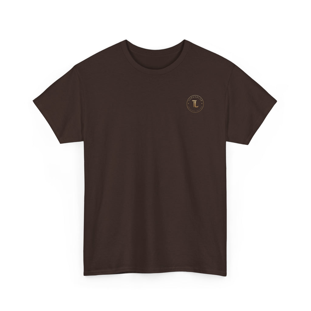 Golden celestial geometric tee in dark brown featuring a small logo on the chest, elegant and stylish design.