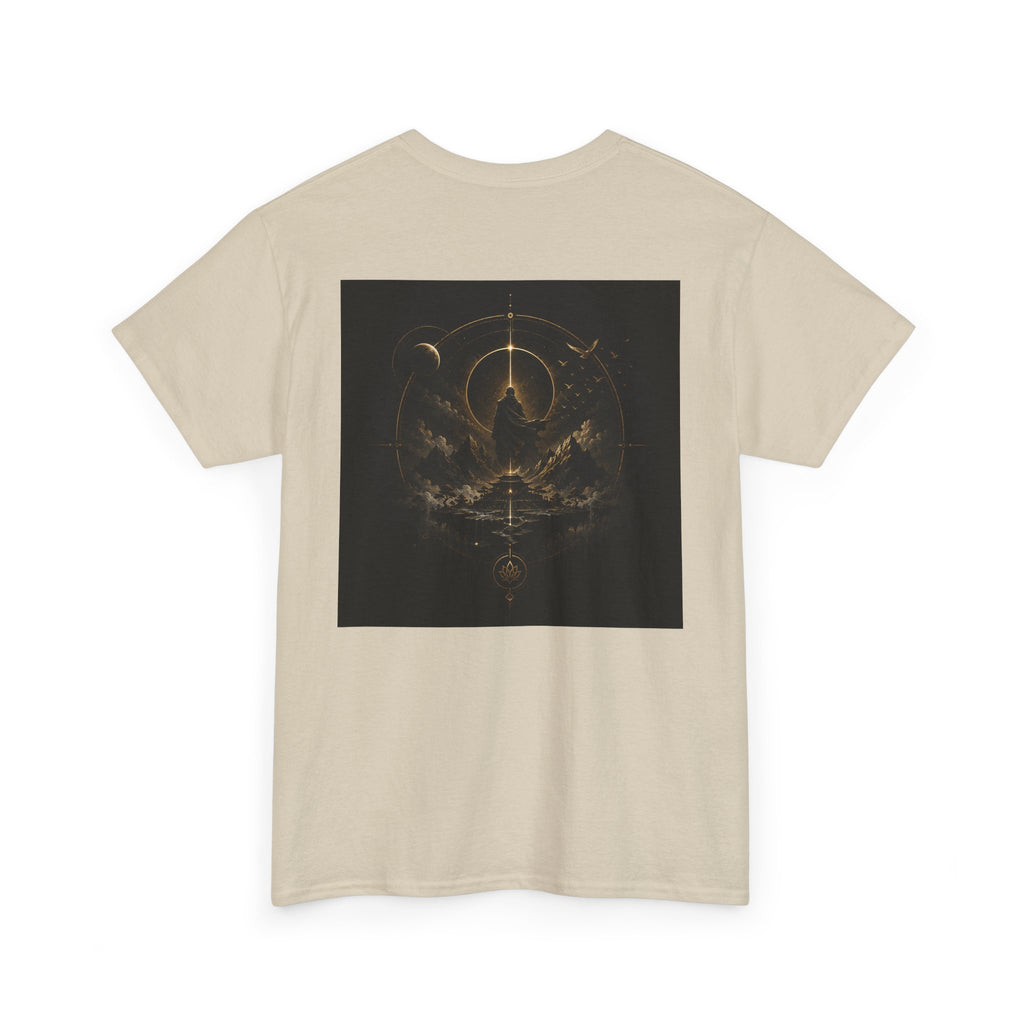 Golden celestial geometric tee featuring mystic sigil back print in rich golden tones.