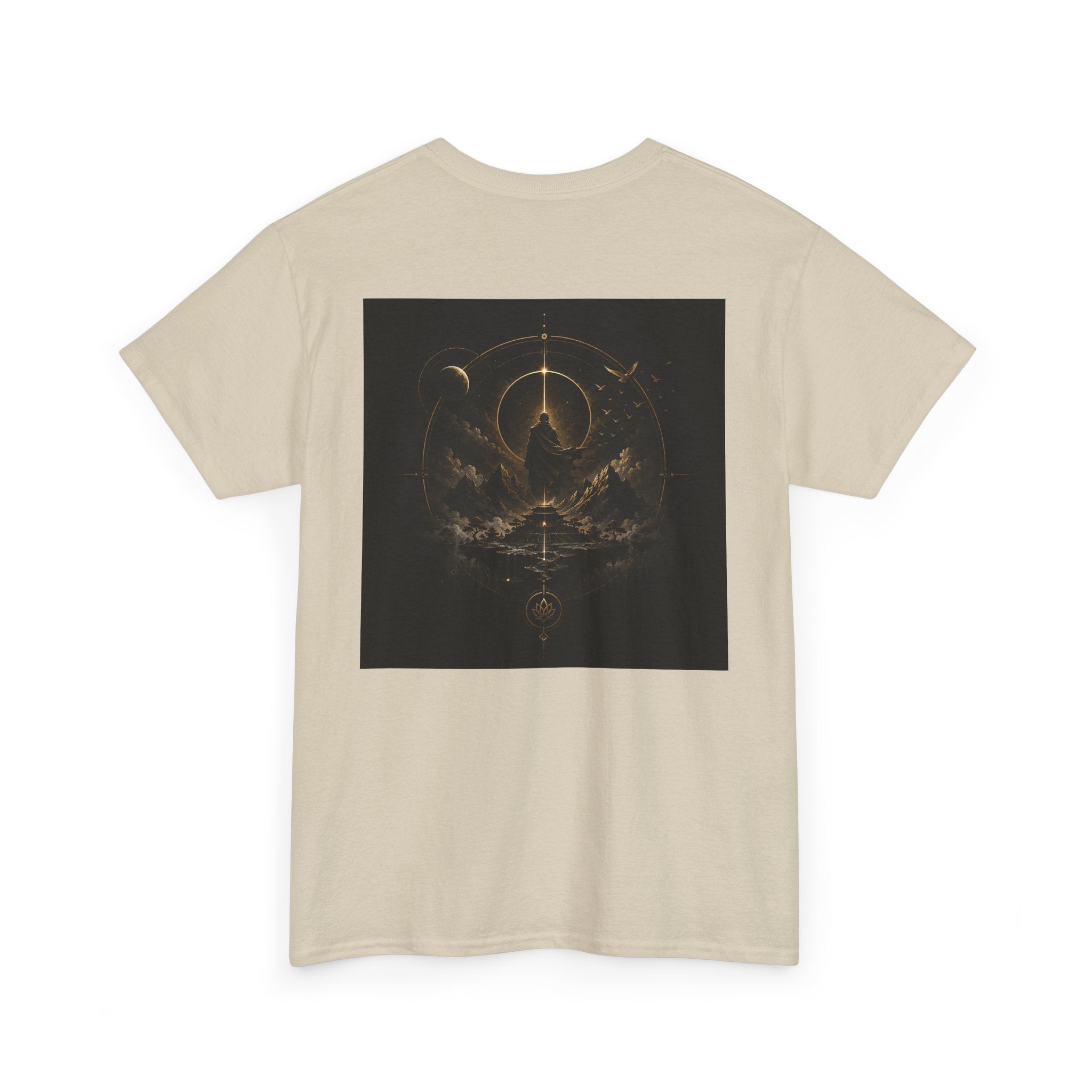 Golden celestial geometric tee featuring mystic sigil back print in rich golden tones.