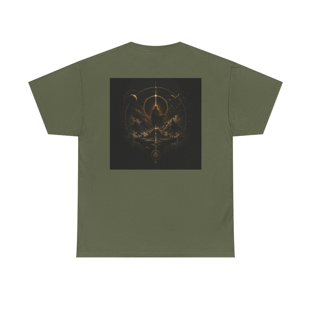 Golden celestial geometric tee with a mystic sigil back print on an olive green shirt.