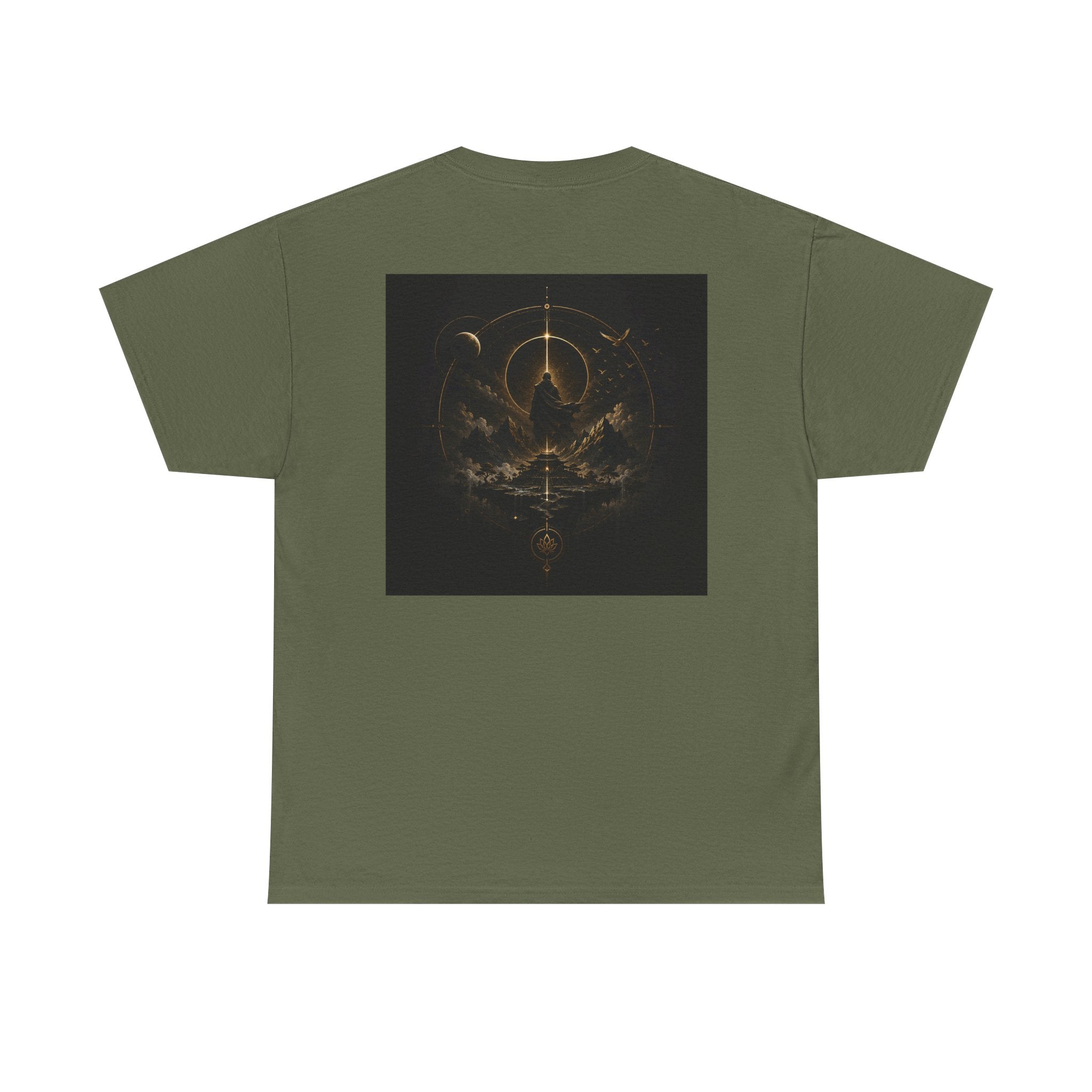 Golden celestial geometric tee with a mystic sigil back print on an olive green shirt.