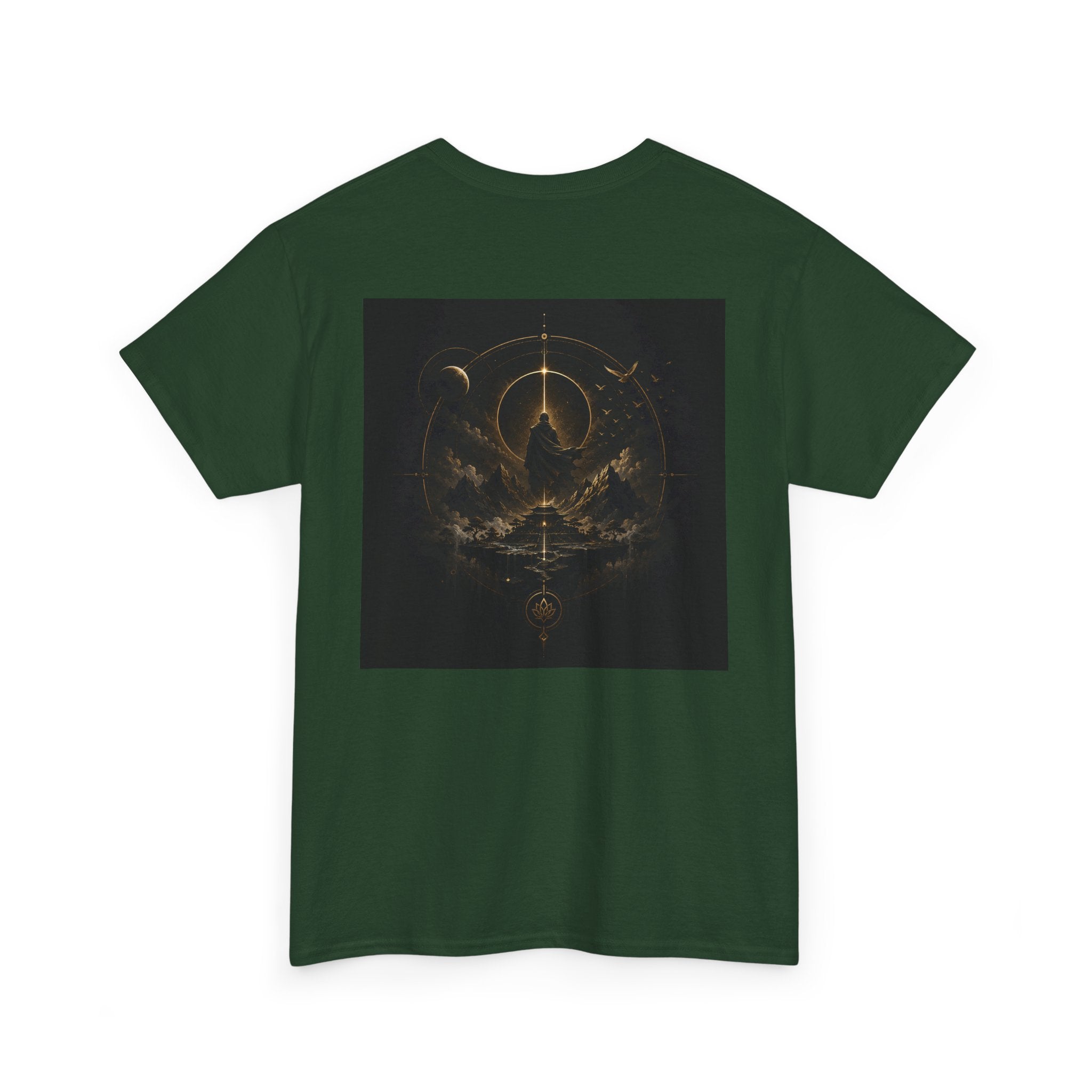 Back view of the golden celestial geometric tee featuring a mystic sigil design in rich gold tones.