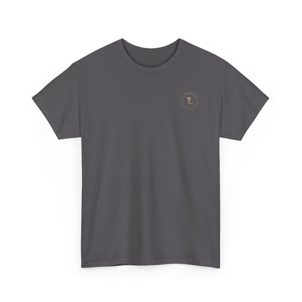 Golden Celestial Geometric Tee – Mystic Sigil Back Print in dark gray fabric, featuring a subtle logo on the front.