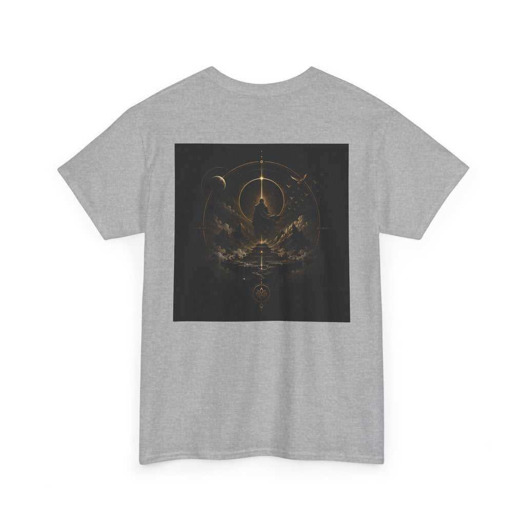 Golden Celestial Geometric Tee with mystic sigil back print in rich golden tones on a gray t-shirt.