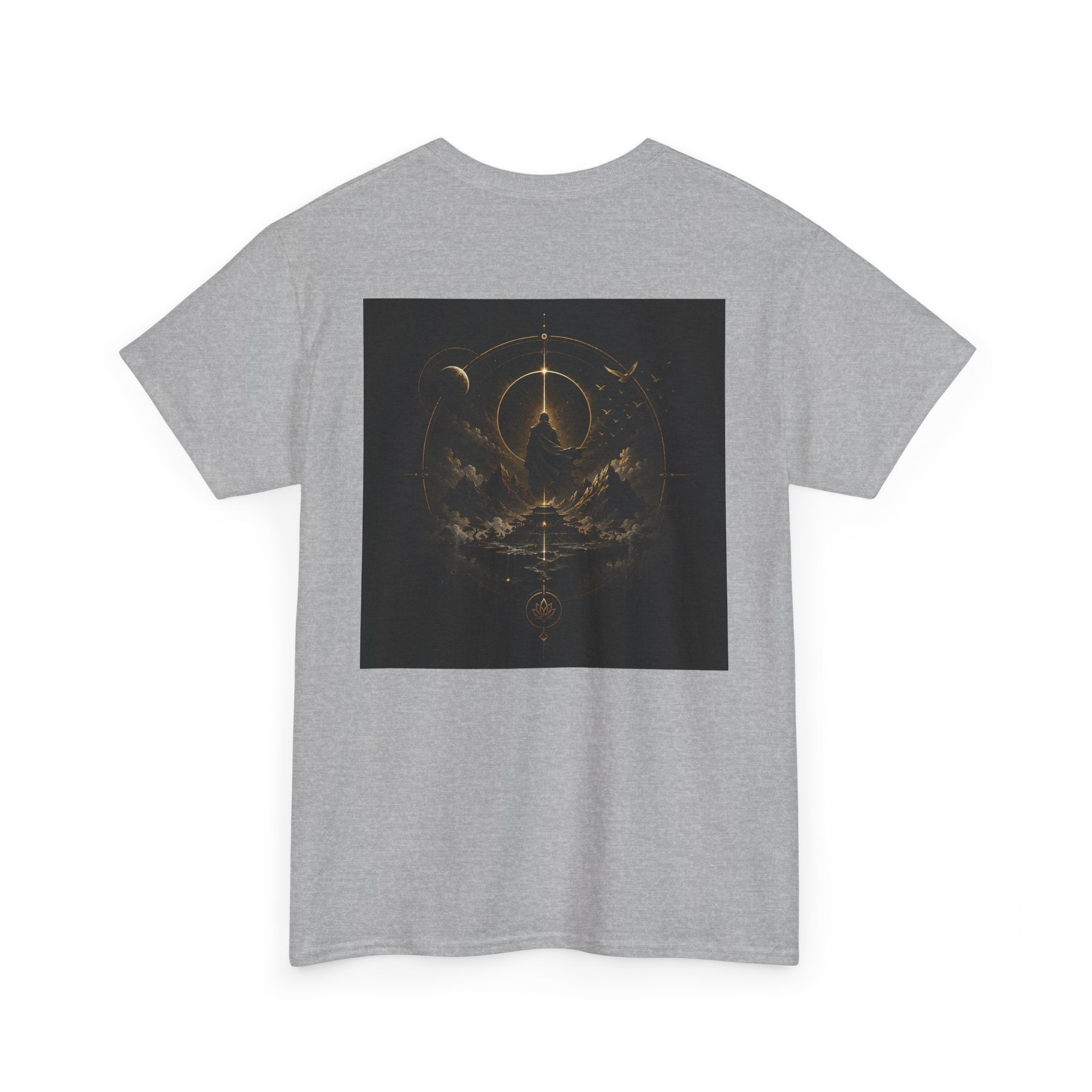 Golden Celestial Geometric Tee with mystic sigil back print in rich golden tones on a gray t-shirt.