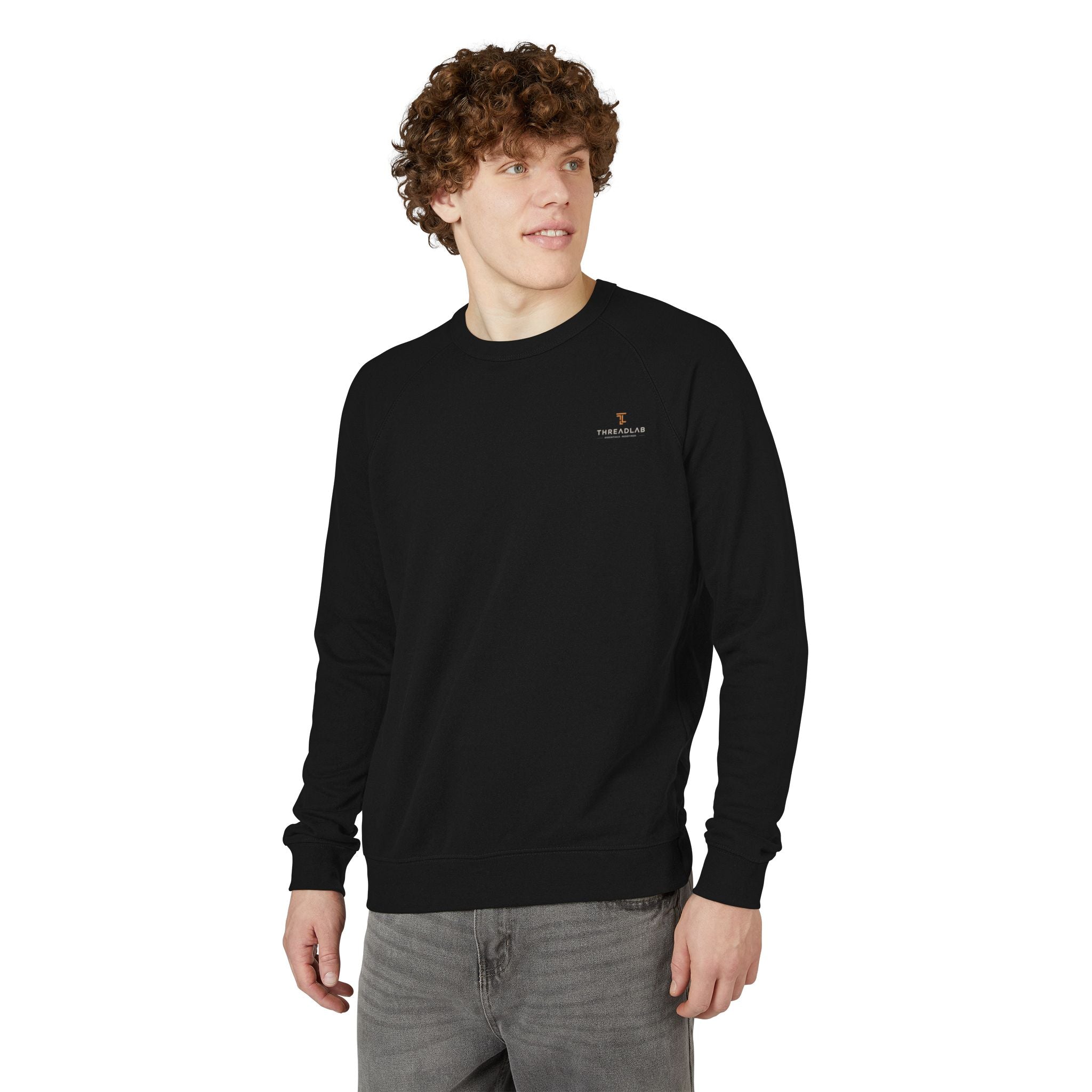 Crewneck Sweatshirt — Minimal Chest Logo Raglan French Terry by Printify