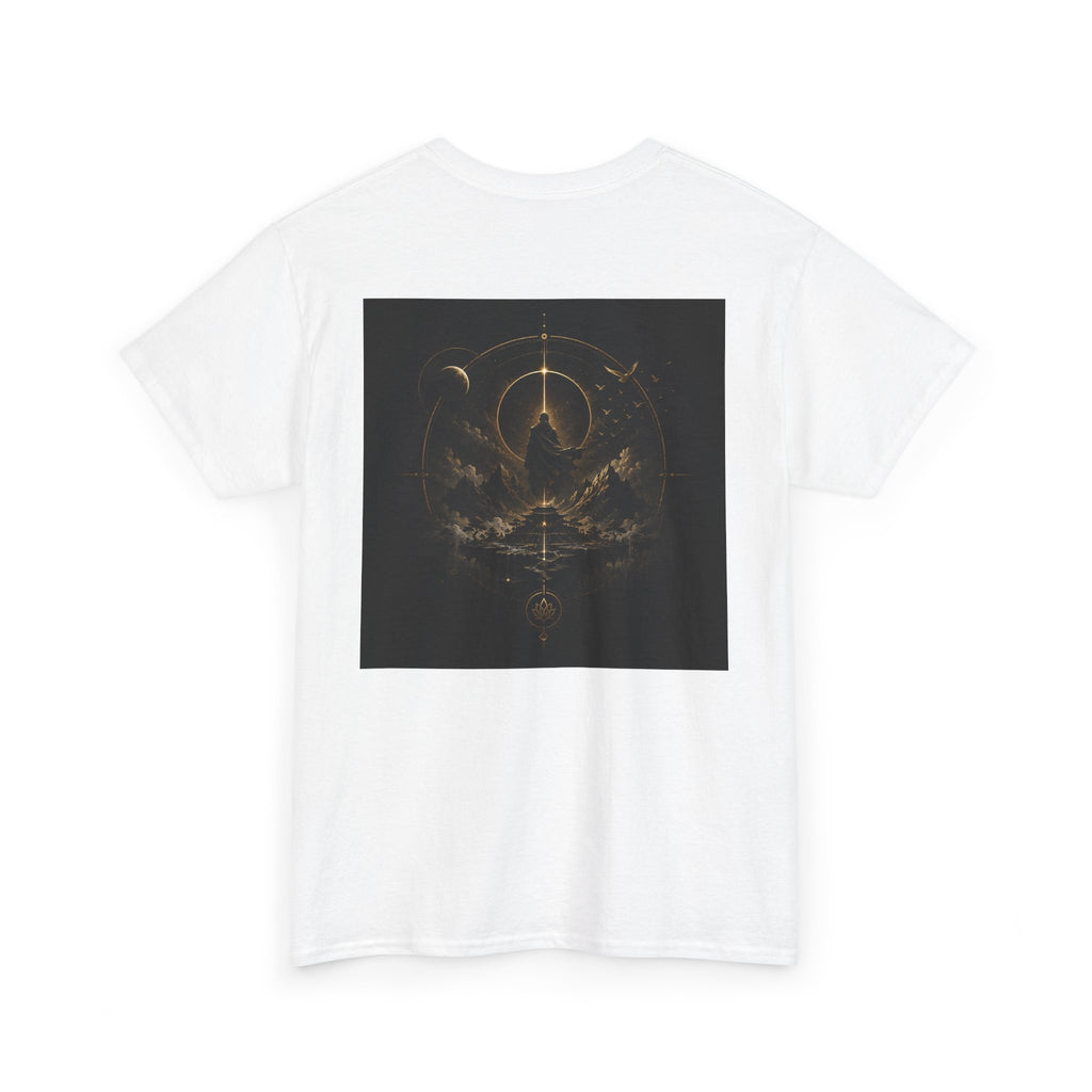 Golden Celestial Geometric Tee featuring a mystical sigil back print in gold tones on a white shirt.
