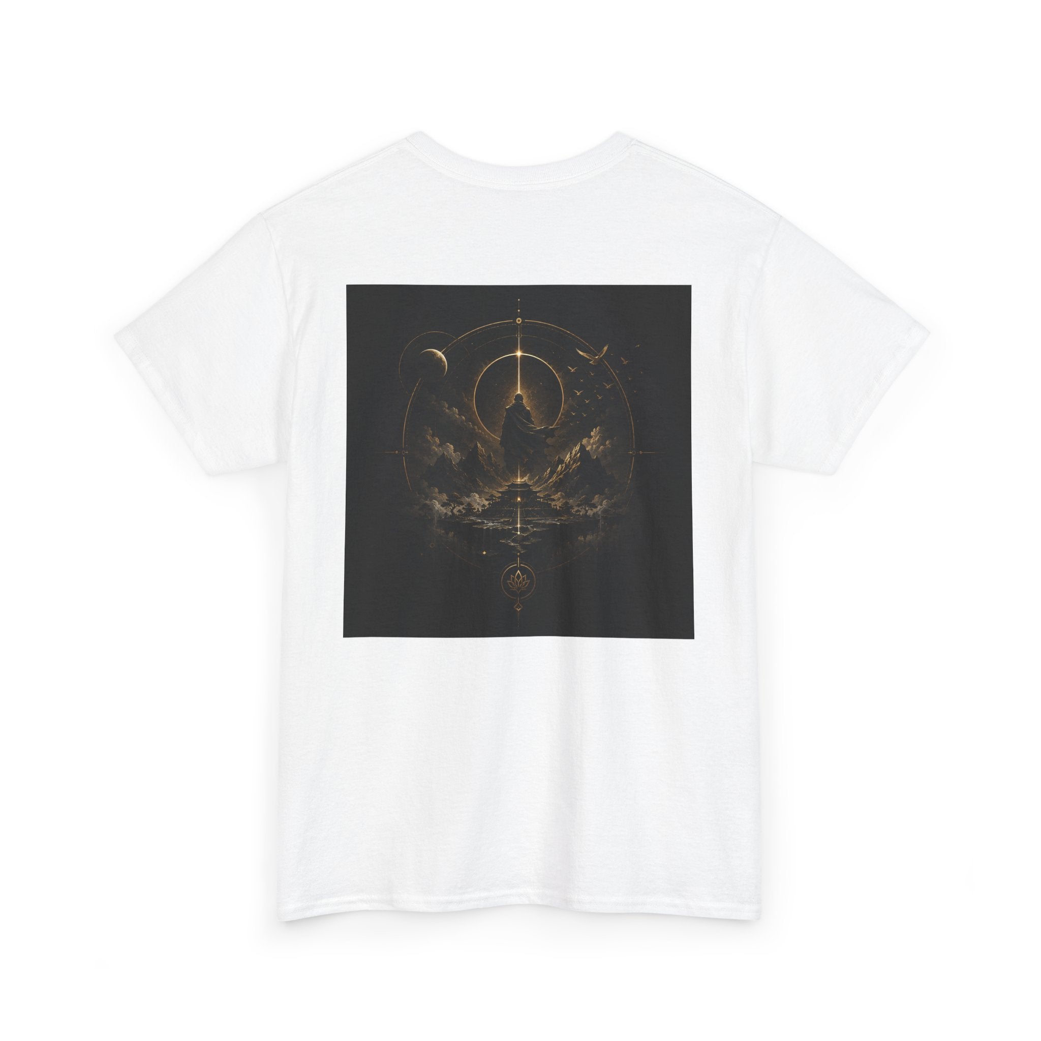 Golden Celestial Geometric Tee featuring a mystical sigil back print in gold tones on a white shirt.