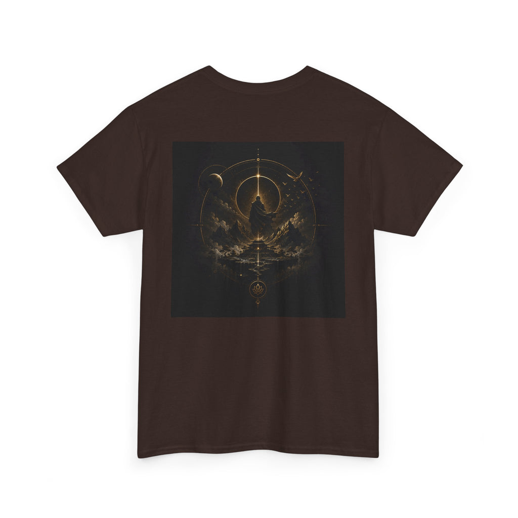 Golden celestial geometric tee featuring a mystic sigil back print in rich golden tones.