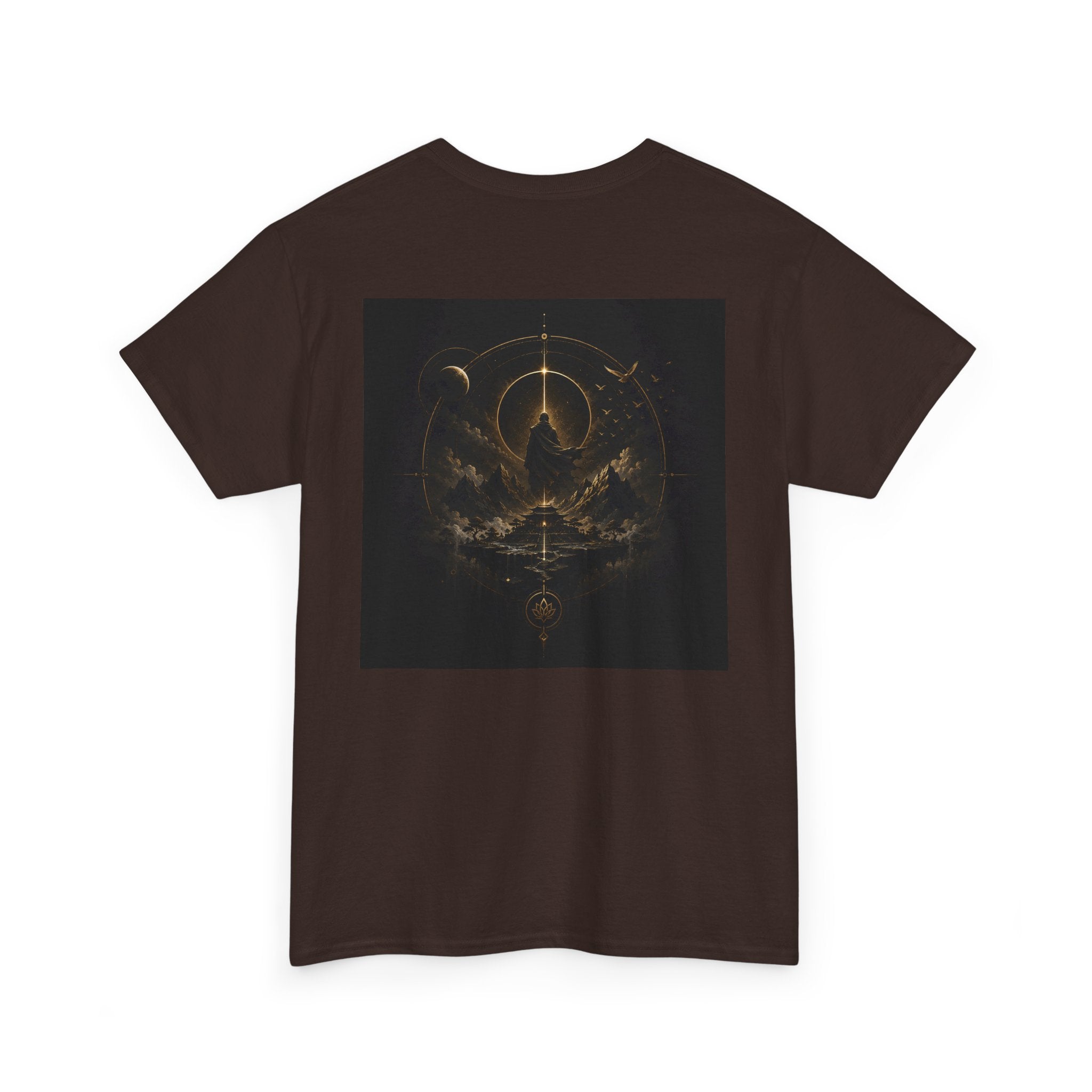 Golden celestial geometric tee featuring a mystic sigil back print in rich golden tones.