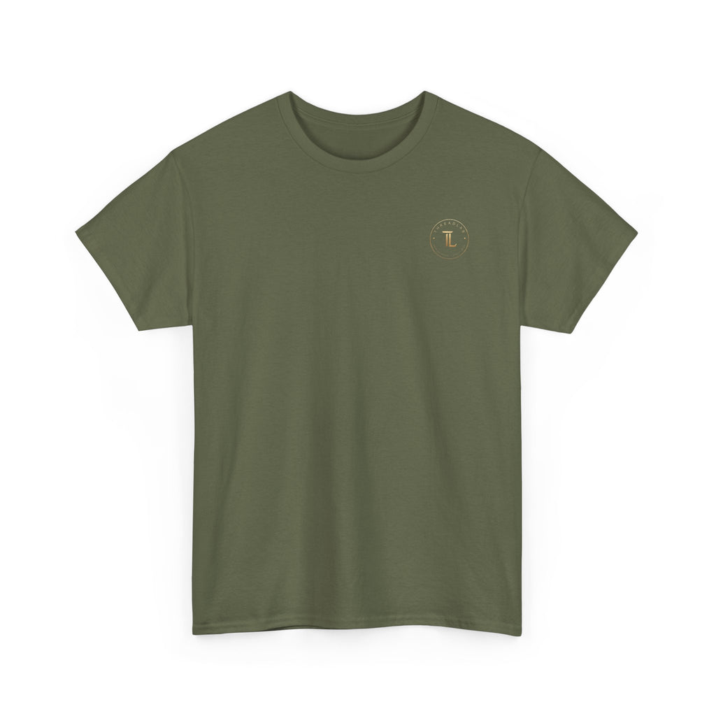 Golden celestial geometric tee in olive green with a subtle logo on the chest, designed with intention and style.
