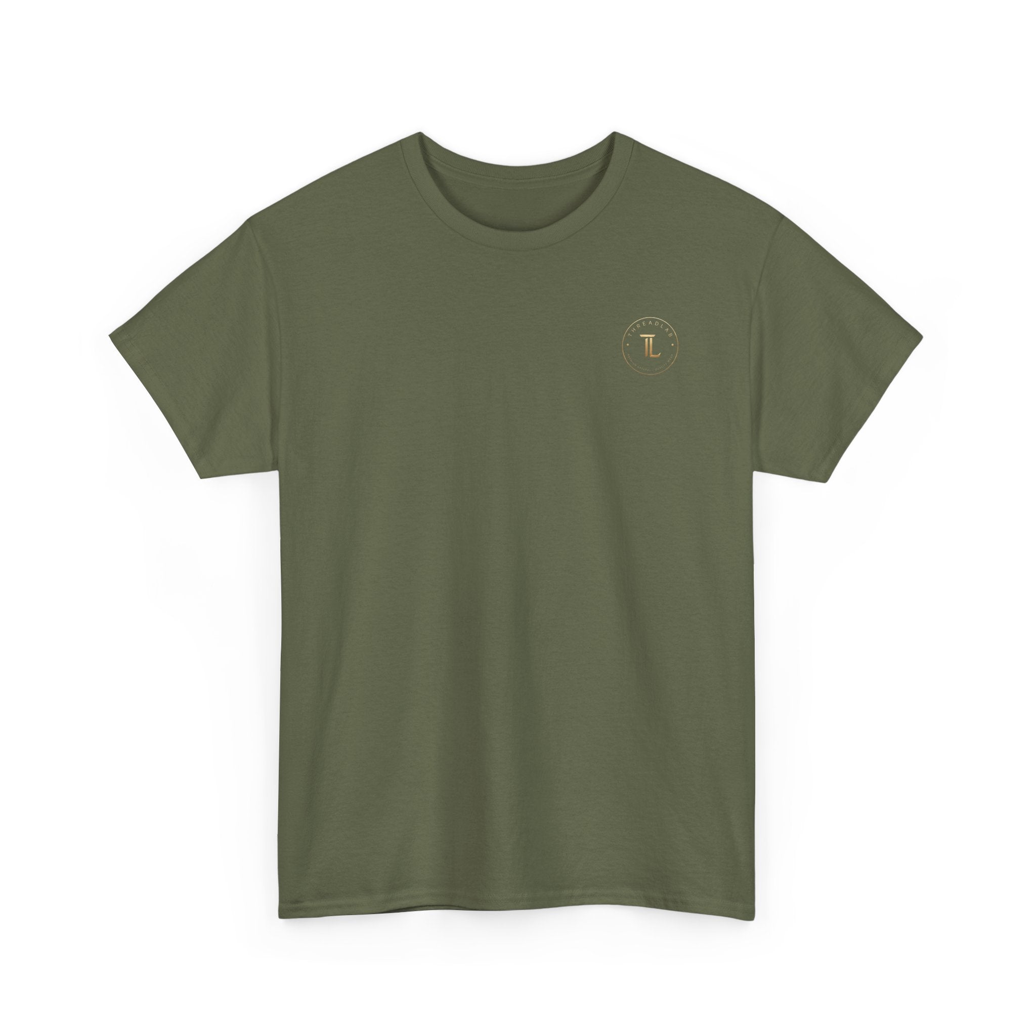 Golden celestial geometric tee in olive green with a subtle logo on the chest, designed with intention and style.