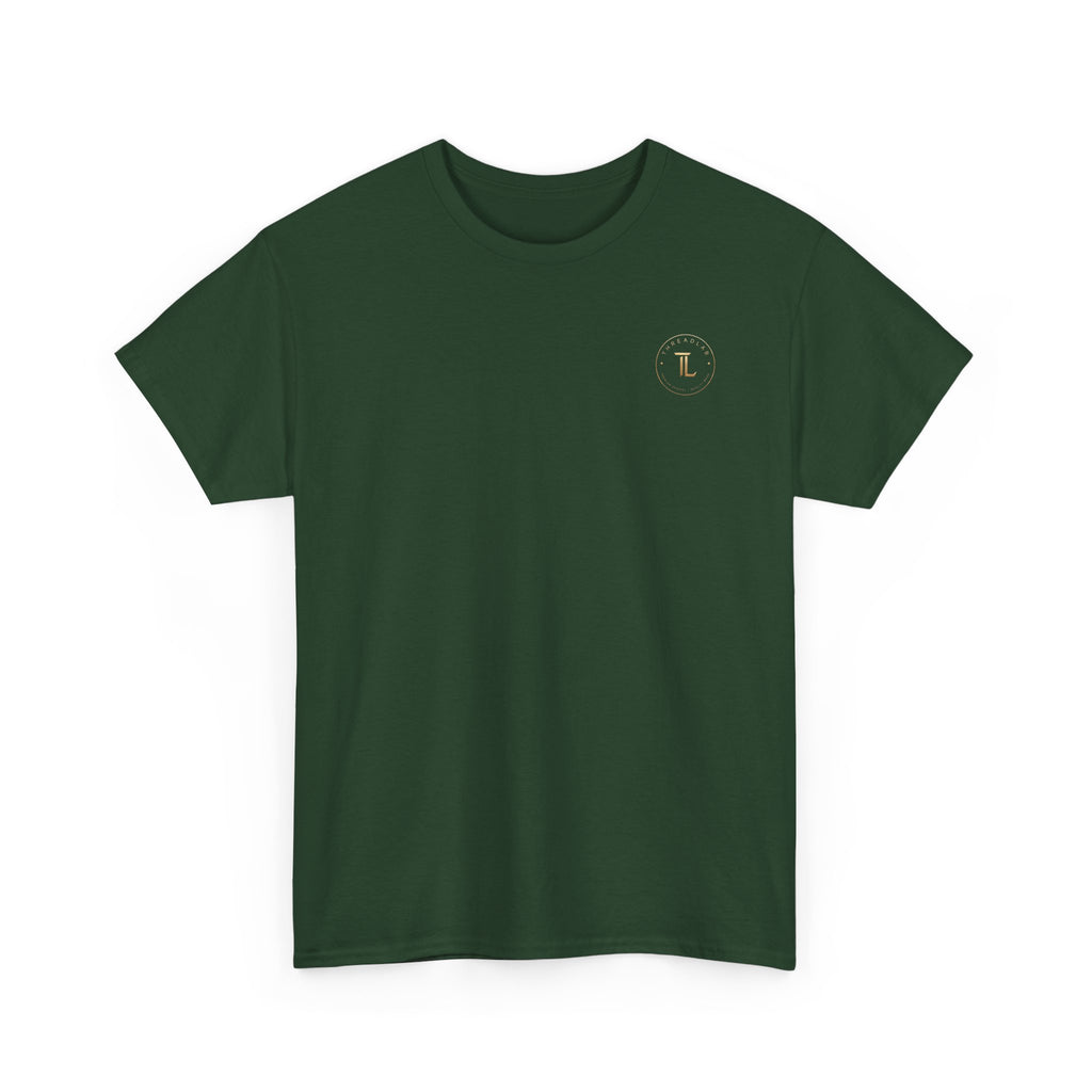 Golden Celestial Geometric Tee – Mystic Sigil Back Print in dark green fabric, perfect for intentional fashion.