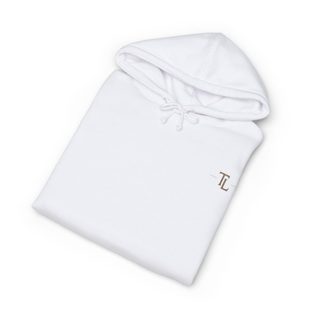 Classic White Hoodie with Minimal 'TL' Chest Logo – Lightweight Pullover by Printify