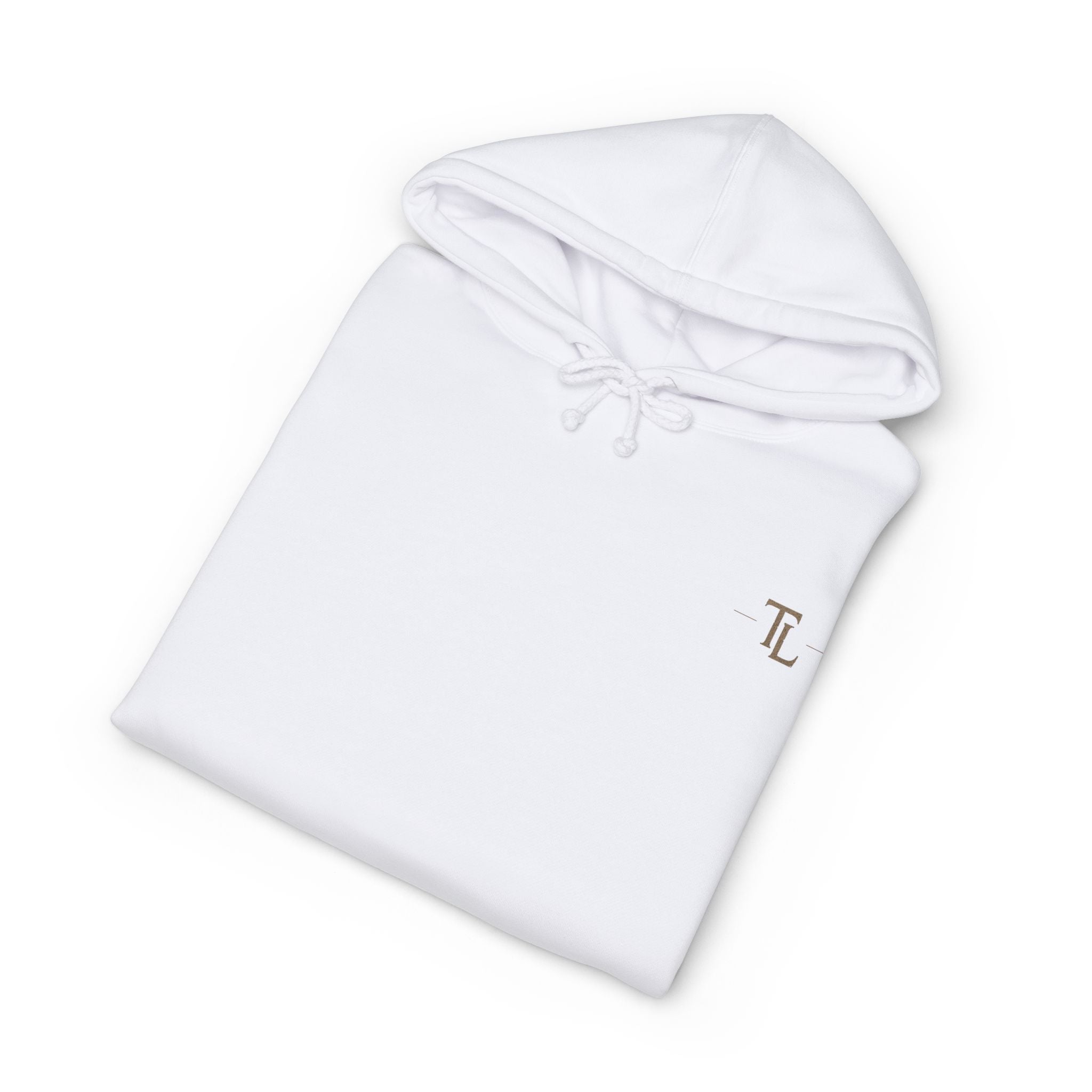 Classic White Hoodie with Minimal 'TL' Chest Logo – Lightweight Pullover by Printify