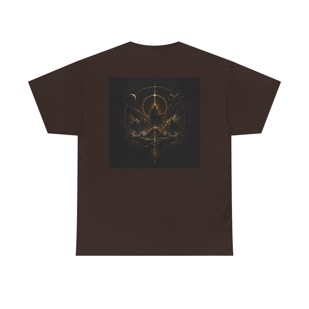 Back view of the golden celestial geometric tee featuring a mystic sigil design in rich golden tones.
