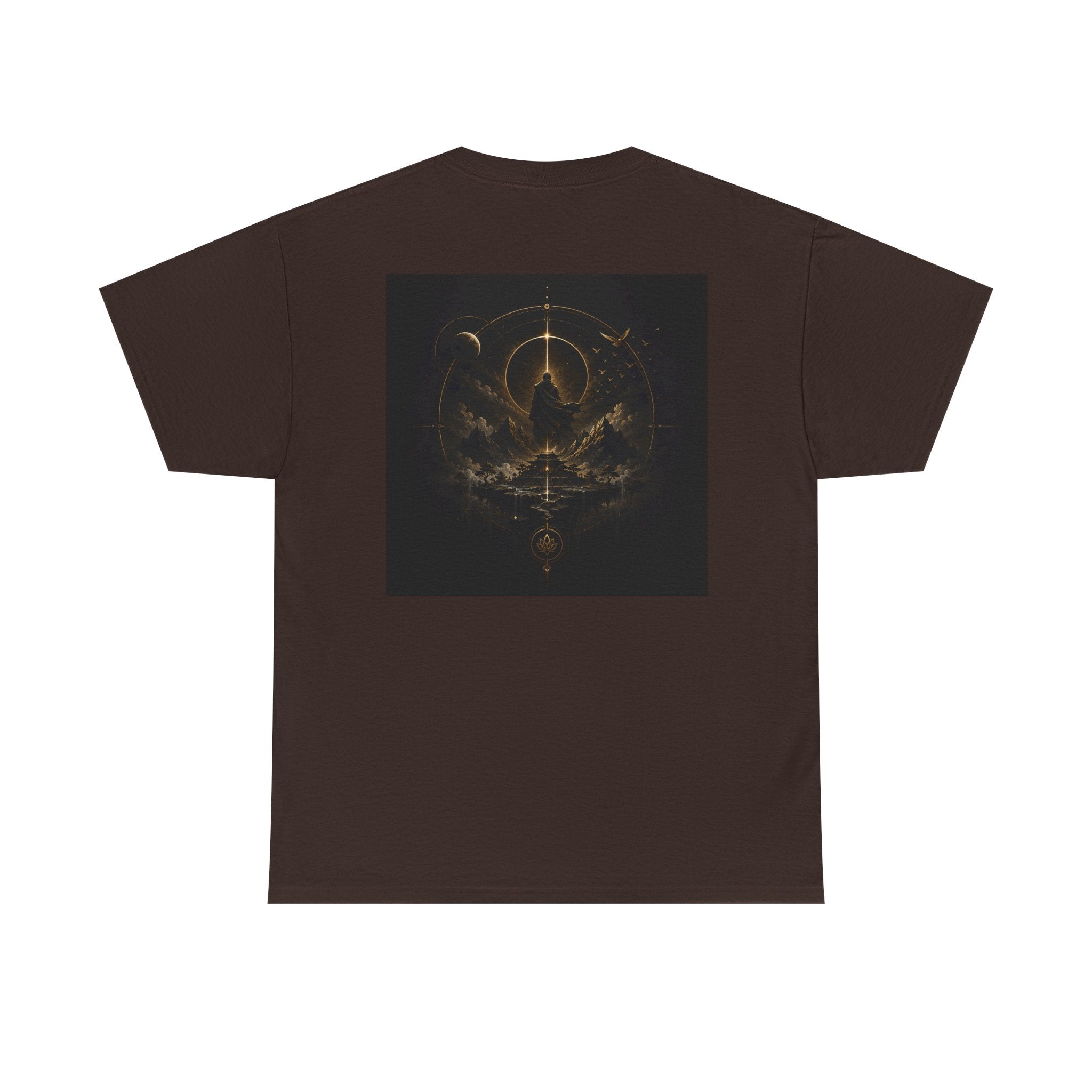 Back view of the golden celestial geometric tee featuring a mystic sigil design in rich golden tones.